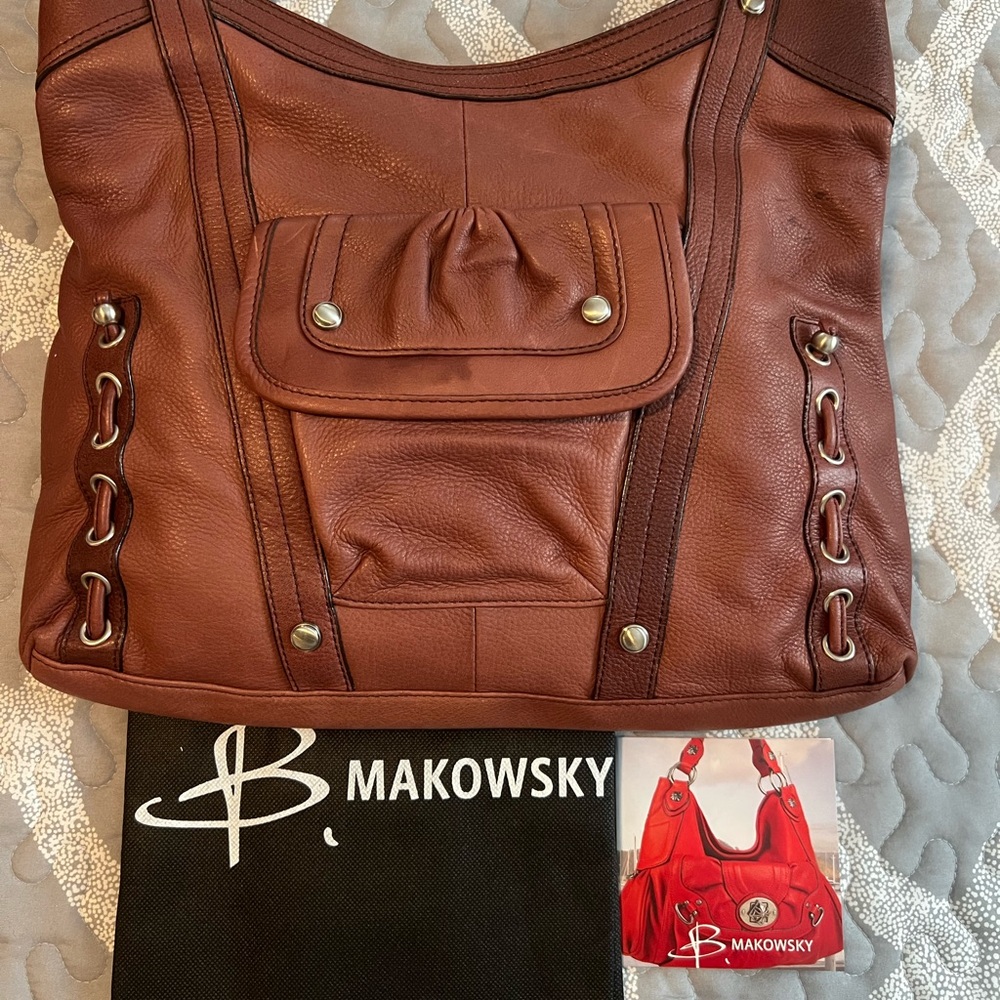 b. makowsky Chestnut Brown Leather Shoulder Bag with Front Flap Pocket